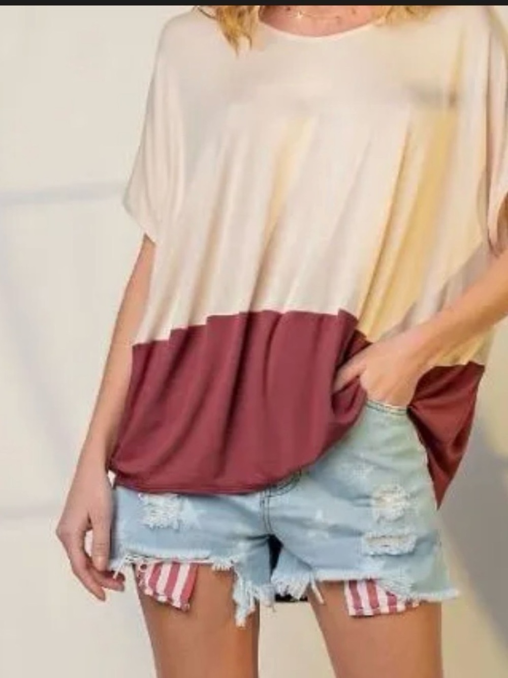 Plus Size Women's Colorblock Short Sleeve Top in Cream and Burgundy